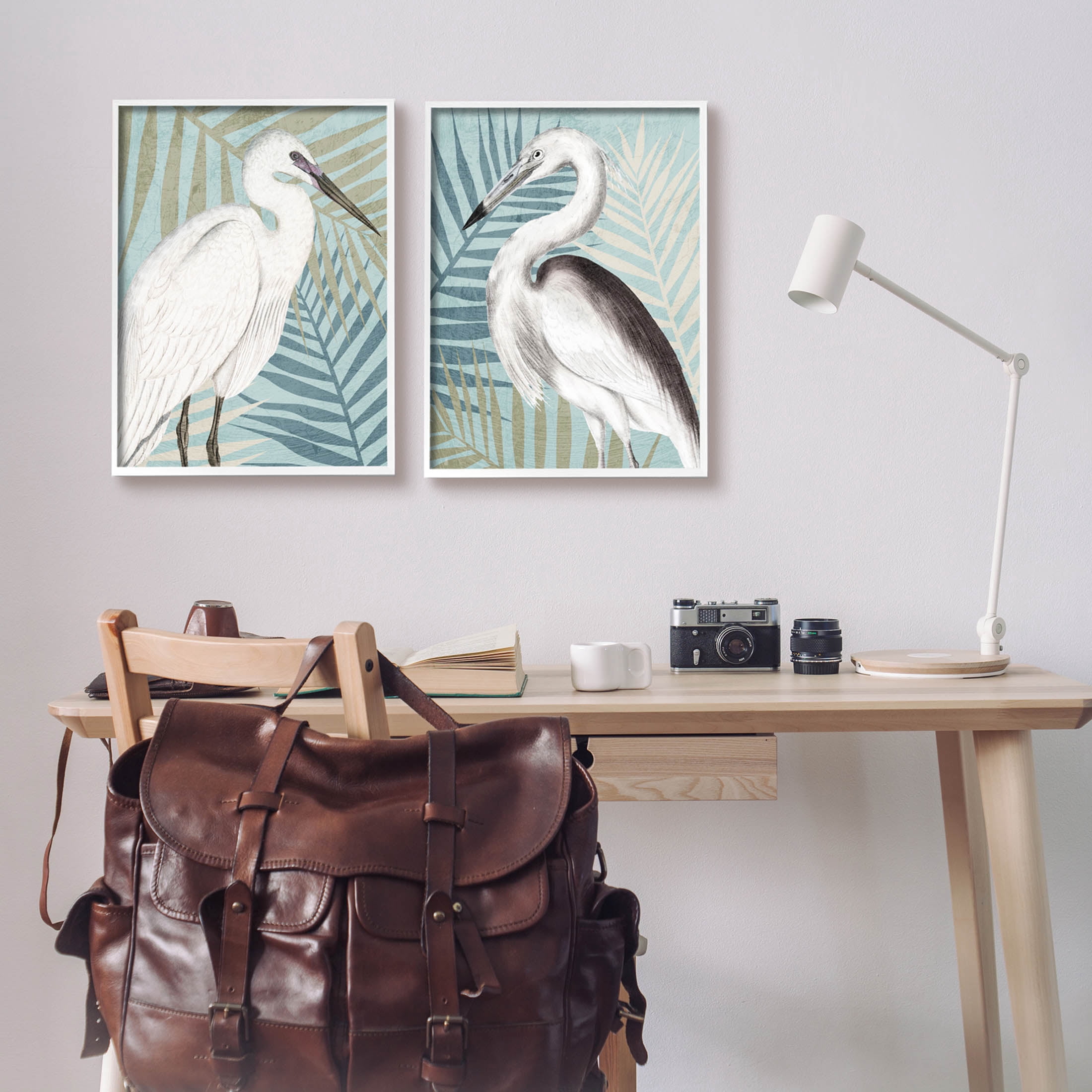 Heron Birds Layered Plant Leaves Animals & Insects Graphic Art White Framed Art Print Wall Art, Set of 2