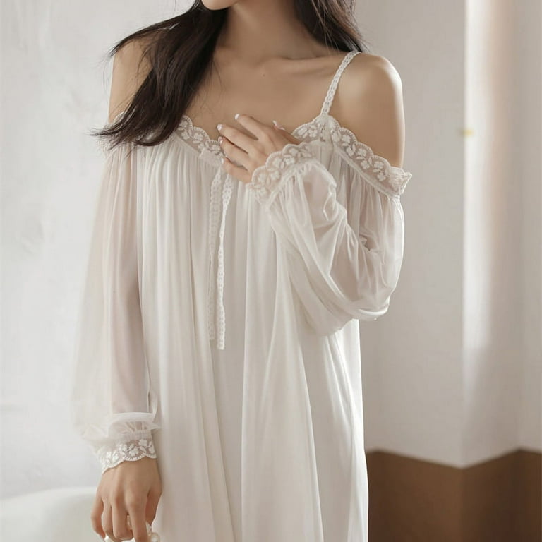 DanceeMangoo French Romance Satin Nightdress for Women Long Sleeve Spring Summer Slash Nightgowns Sleepshirts Women Sleepwear Outwear Pjs Walmart