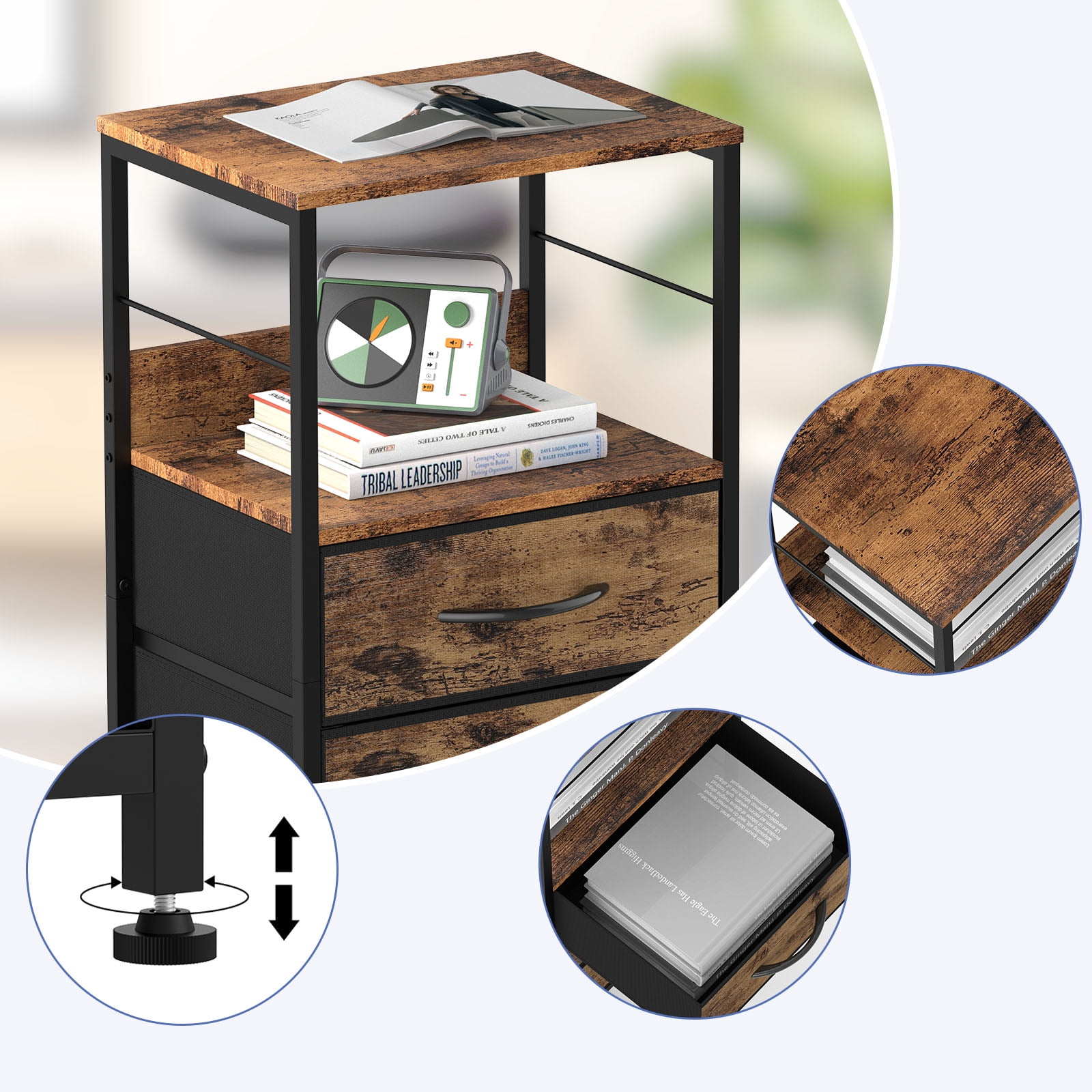 Nightstand for Bedroom End Side Table with 3 Drawers and Open Shelf Wood, Brown