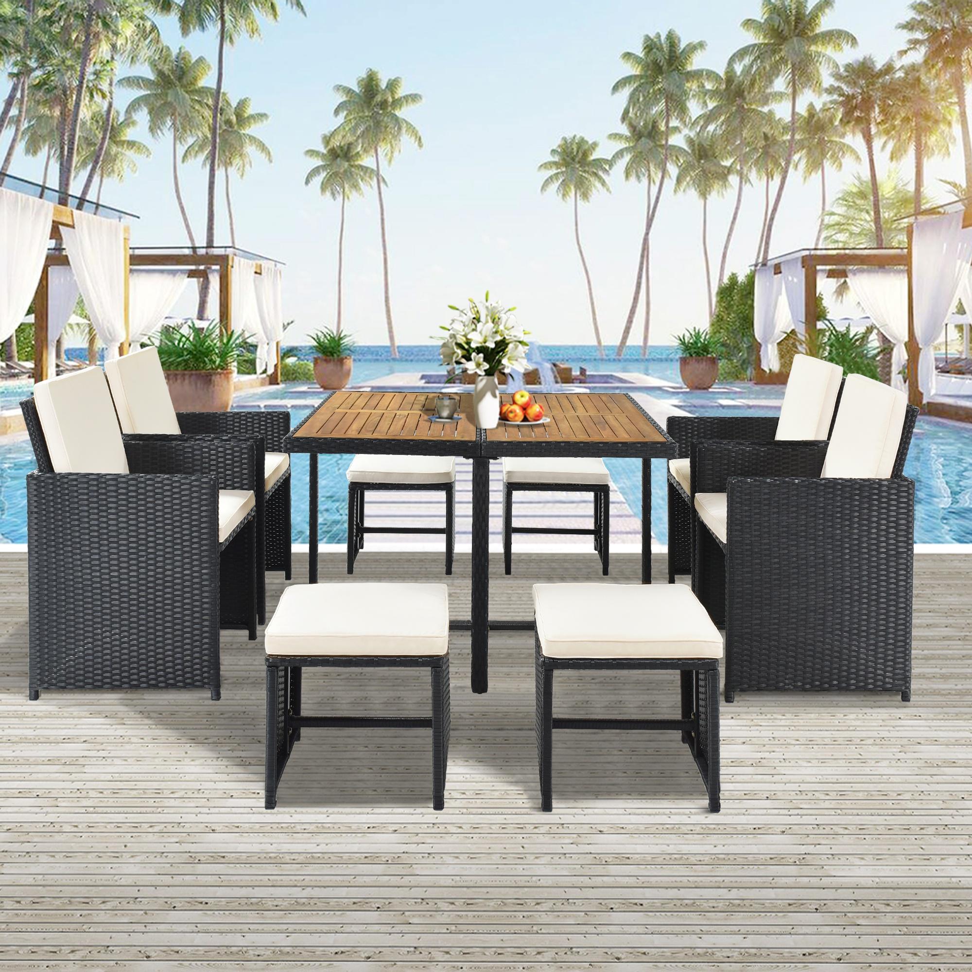 9 PCS Indoor Outdoor Wicker Dining Set Furniture, Patio Rattan Furniture Set with Acacia Wood Tabletop and Stackable Armrest Chairs, All Weather Wicker Sectional Conversation Set with Cushions - image 2 of 9