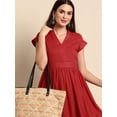 thumbnail image 4 of Janasya Summer V-Neck Short Sleeve Solid Rust Cotton Midi Dress For Women, 4 of 5