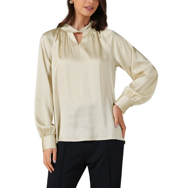 INSPIRAR CHIC Blusas Elegantes de Manga Larga de Satén de Seda para Mujeres V Cuello L Color Albaricoque