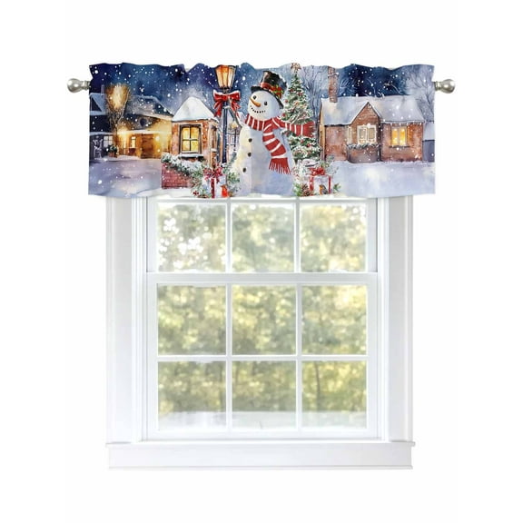 Christmas Xmas Snowman Curtain Valances for Windows, Farmhouse Winter Window Valances, Window Treatment Rod Pocket Valance Curtains for Living Room/Kitchen/Bedroom/Bathroom, 54x18inch