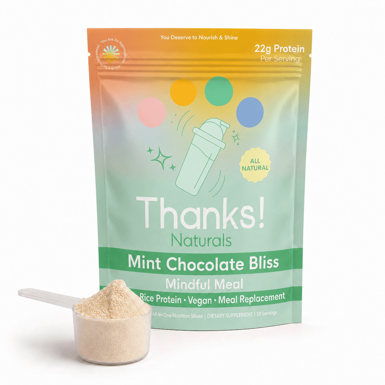 Thanks! Naturals Mint Chocolate Bliss Mindful Meal - All-Natural Vegan Protein Powder, 22g Per Serving, Essential Vitamins, Minerals and Superfoods, Post Work-out, Sustainable Energy