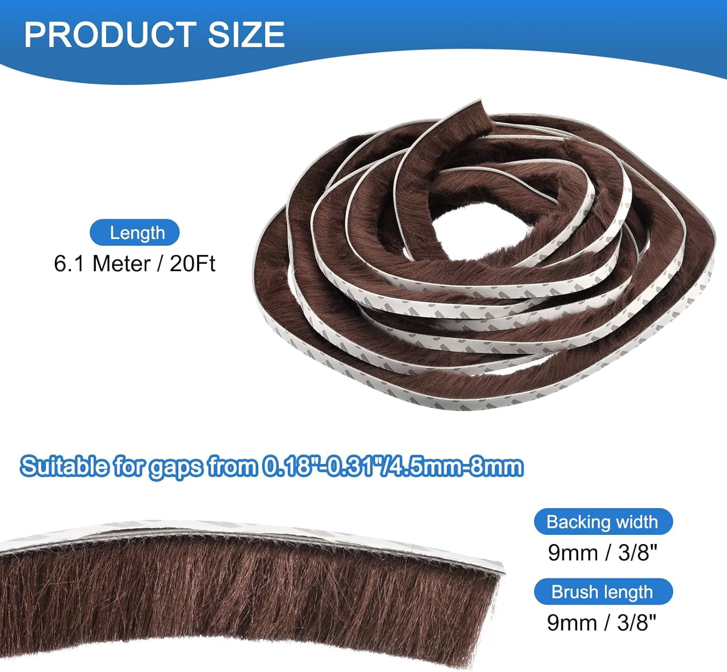 FRKSMD-Brush Weather Stripping, 3/8" Backing x 3/8" Brush x 20ft Felt Pile Door Seal Strip for Sliding Door Window Wardrobe - Self-Adhesive Brown (Windproof Dustproof Soundproof)