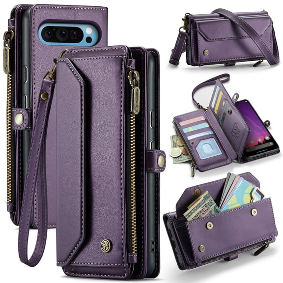 ShellTech Compatible with Google Pixel 9 Pro XL Crossbody Wallet Case 5G RFID Blocking 7-Card Holder Soft PU Leather Magnetic Snap Strap Zipper Pocket Phone Case,Purple