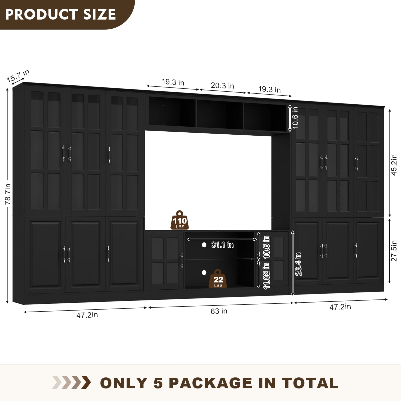MEISSALIVVE 4-Piece Wall Unit TV Stand with Storage & LED Lights for TVs up to 75", Modern Entertainment Center with Bookshelves & 6-Door Pantry Cabinet, Black