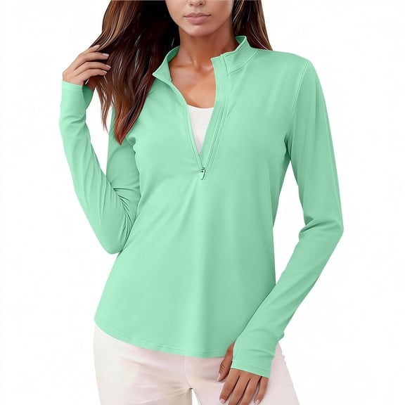 LNWUY Women's Summer Sun Protection Long Sleeve Shirts Rash Guard Swim Clothing Quarter Zip Workout Hiking Running Athletic Tops Green XL