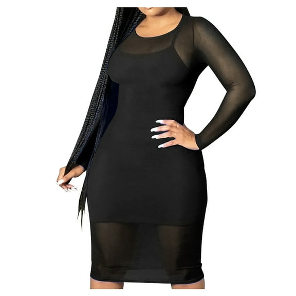 KBKYBUYZ Dresses For Women 2022 Women Round Neck Long Sleeve Mesh Dress Sling Dress Two-piece Pure Color Dress Comfortable Stylish Woman'S Dress