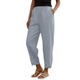 thumbnail image 4 of Women's Stacked V Hem Trousers, High Waist Casual Slub Cotton Pants with Elastic Waistband, Relaxed Fit Long Pants for Daily Wear, Vacation and Loungewear Light Ashy L, 4 of 9