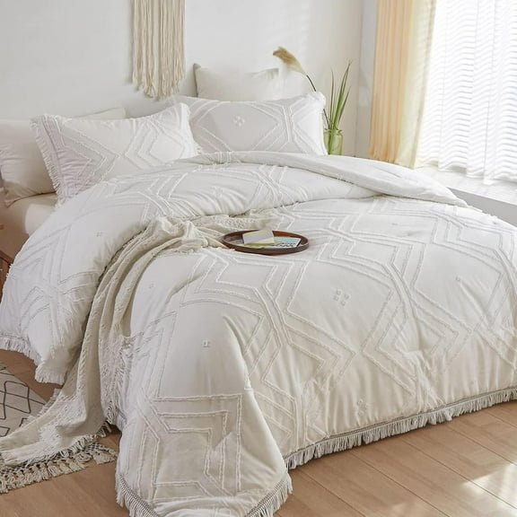 Davulos White Queen Comforter Set Boho,7 Piece Queen Bedding Set with Tassel Geometric Tufted Comforters Lightweight Soft Bed Set for All Season