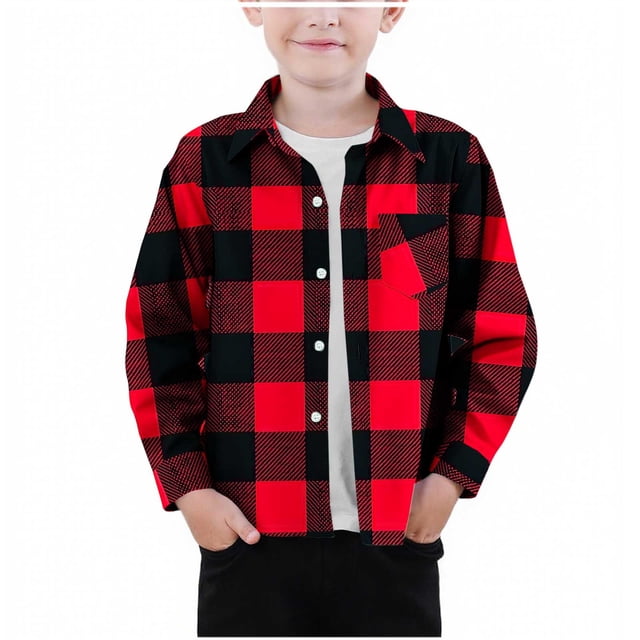YUNAFFT Girls & Boys Checkered Button Shirt With Pockets Long Sleeve Collared Twill Top 2-12Y