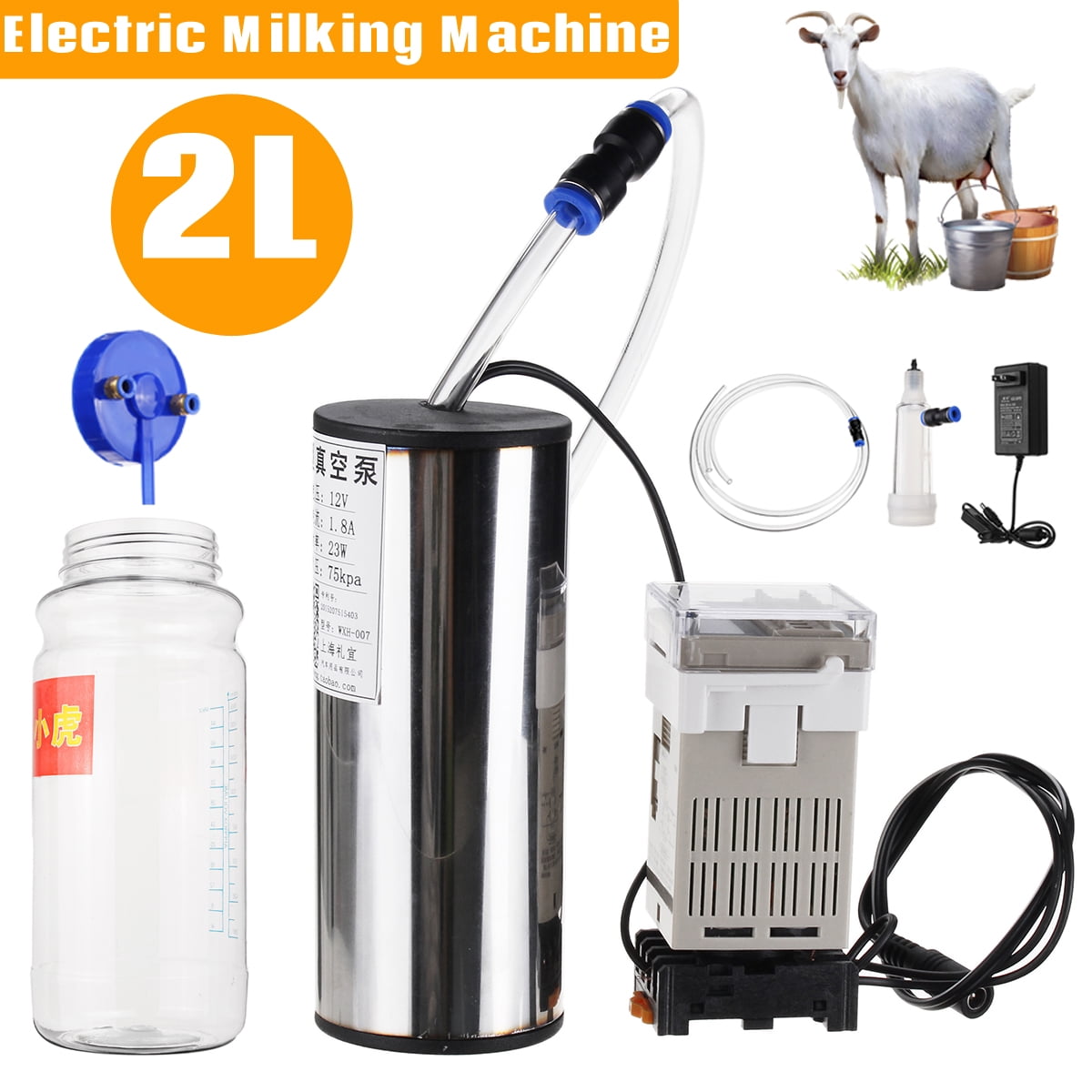 Portable 2L Electric Barrel Milking Machine Pump Bucket Goat Sheep Vacuum Set