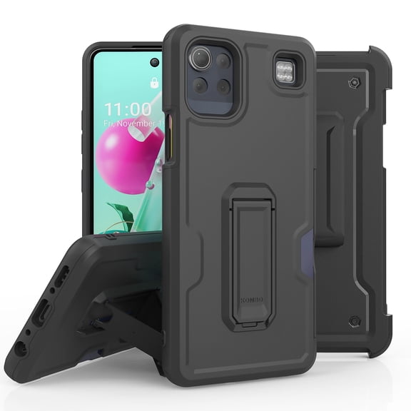 ANJ  Rugged Hybrid Shockproof Case w/Kickstand   Holster Clip Card Slot Cover for LG K92 5G - Solid Black