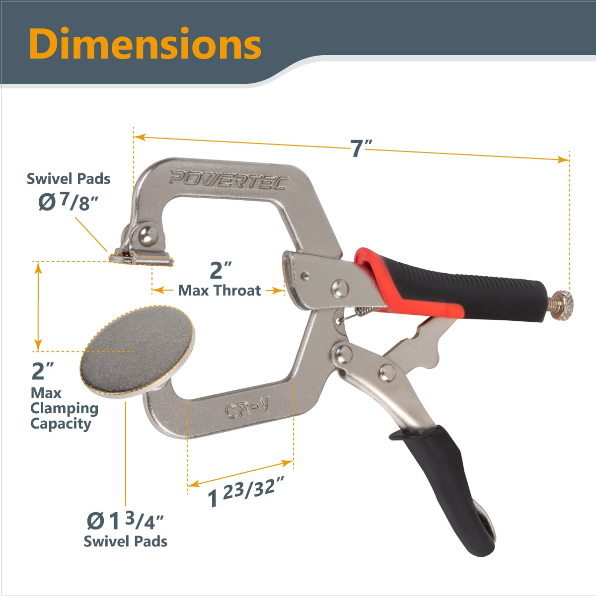 POWERTEC 2PK 2-Inch, Face Clamps, C-Clamp with Ergonomic Grip and Adjustable Swivel Pads for Woodworking, Pocket Hole Joinery, 71641