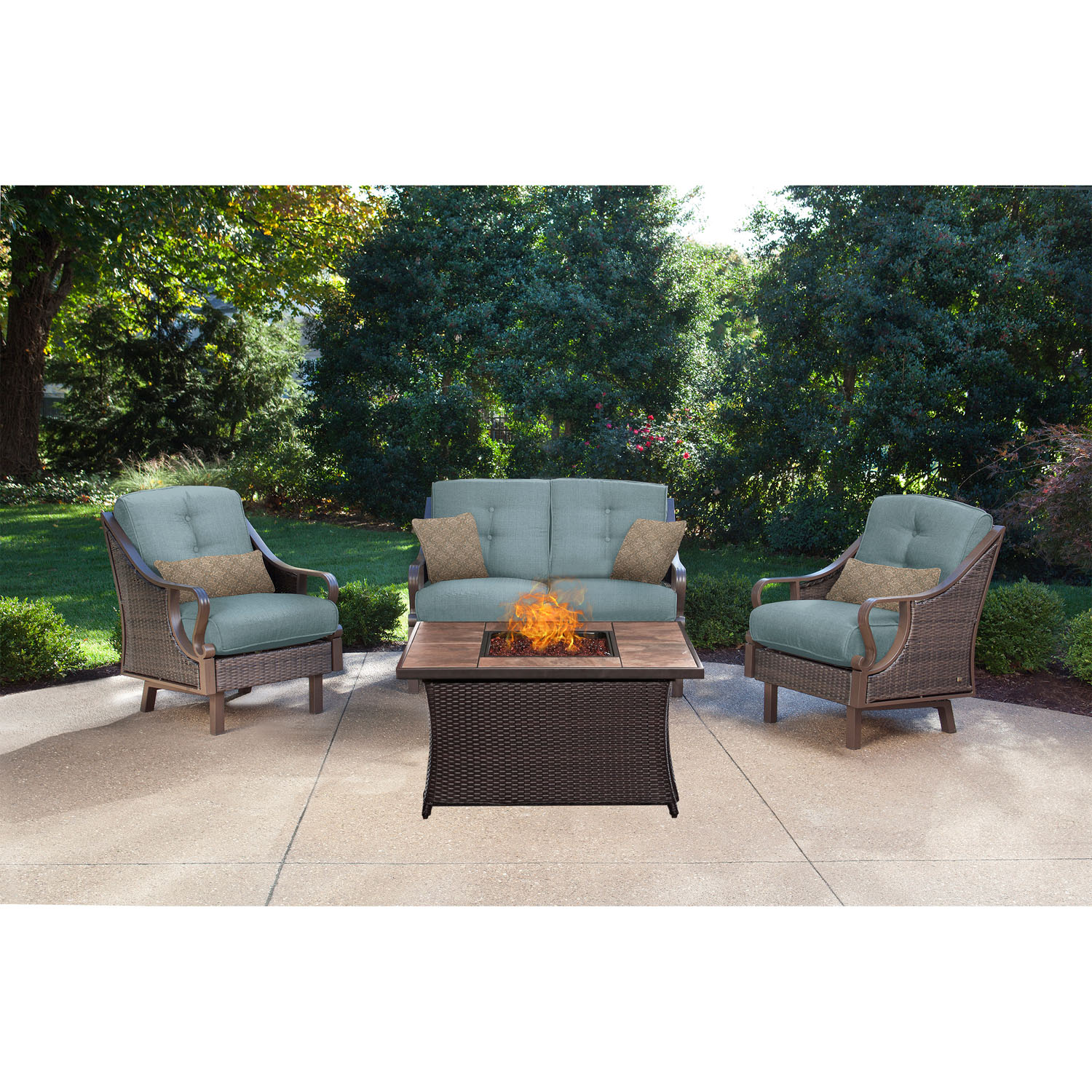 Hanover Ventura 4 Pcs Wicker and Steel Propane Fire Pit Chat Set, Ocean Blue - image 2 of 10