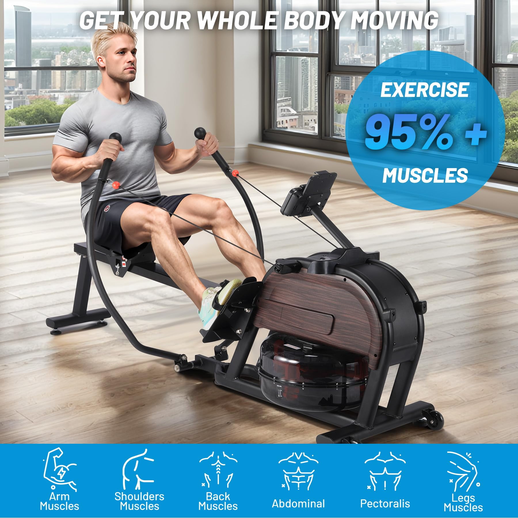 Danolapsi Dual Magnetic & Water Resistance Rowing Machine w Extended Slide,Compact Rowing Machine,Full-Body Workout,Low-Impact,Ergonomic Full Motion or Premium Water Motion,Max 350lb Weight Capacity