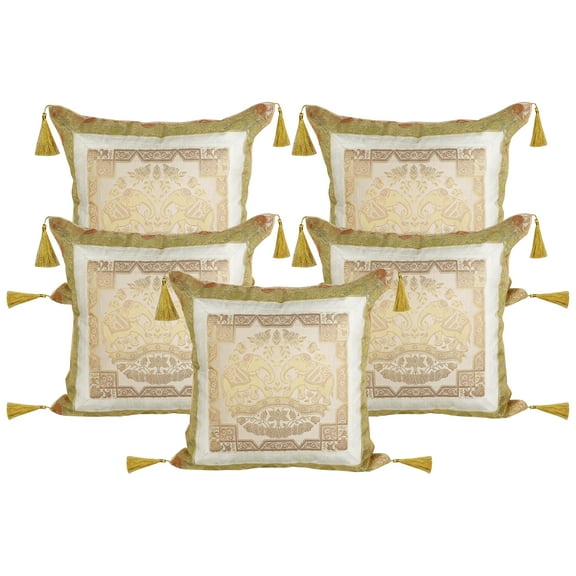 Stylo Culture Ethnic Brocade Home Decor Throw Pillow Covers White Gold 18 x 18 Jacquard Tassels Couch Cushion Covers 45x45 cm Polydupion Silk Zippered Elephant Square Pillowcases | Set Of 5