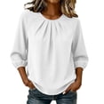 thumbnail image 2 of SSZMDLB Women Round Neck 3/4 Sleeve Pleated Blouse Casual Basic Summer Tops Fashion Tee Shirt Comfy Vacation Outfits Work Clothes, White S, 2 of 9