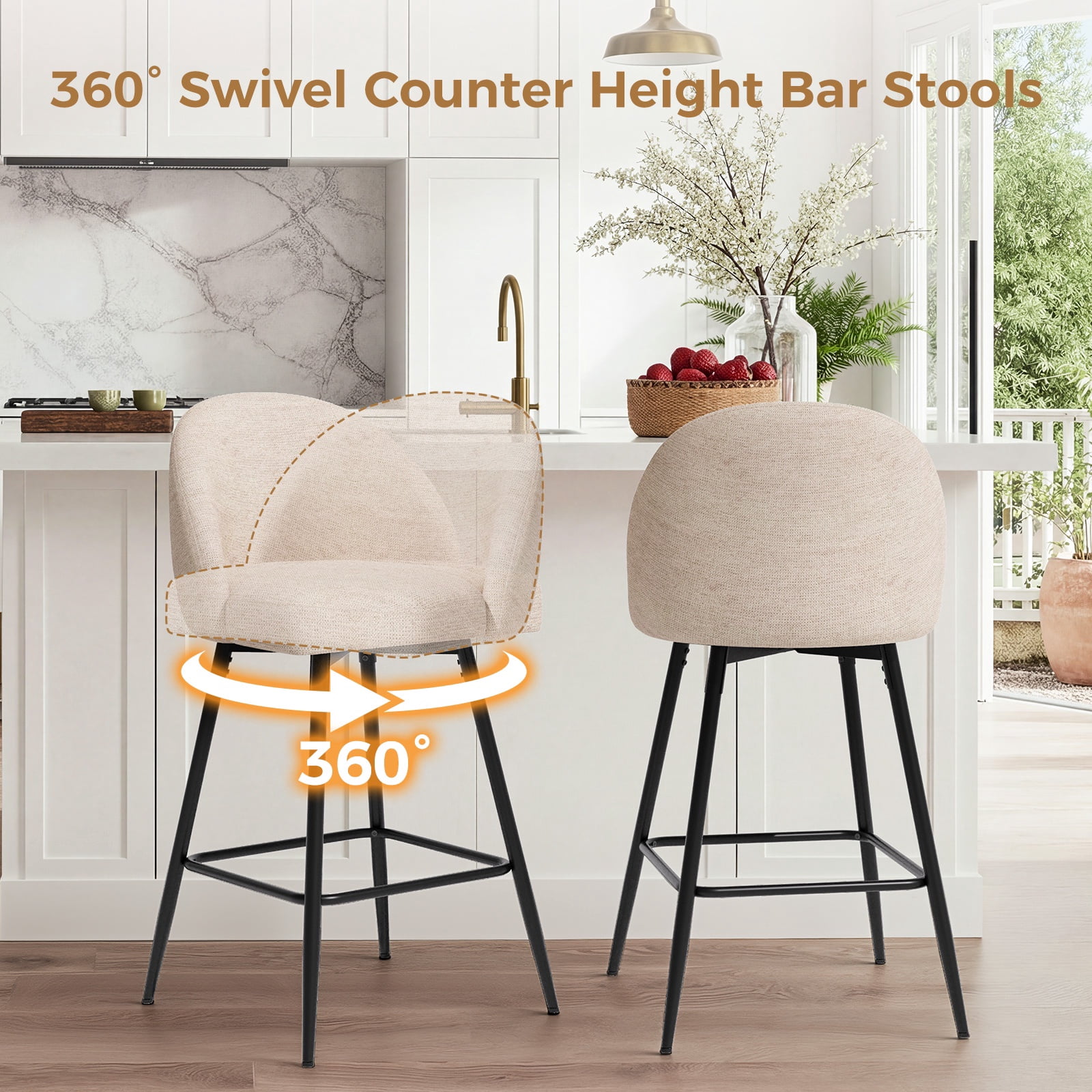 JULY'S SONG Counter Height Bar Stools with Back Sets of 2, 360°Swivel Upholstered Barstools with Metal Legs, 27" Seat Height Bar Stool for Kitchen Island, Light Flax