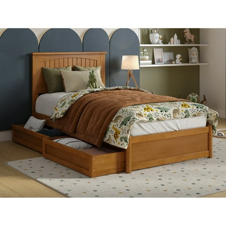 Malta Twin Wood Platform Bed with Panel Footboard & Drawers in Light Toffee