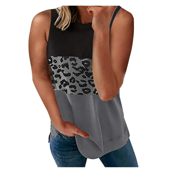 Pompotops Women's Fashion Leopard Print Top Stitching Short-sleeved Top