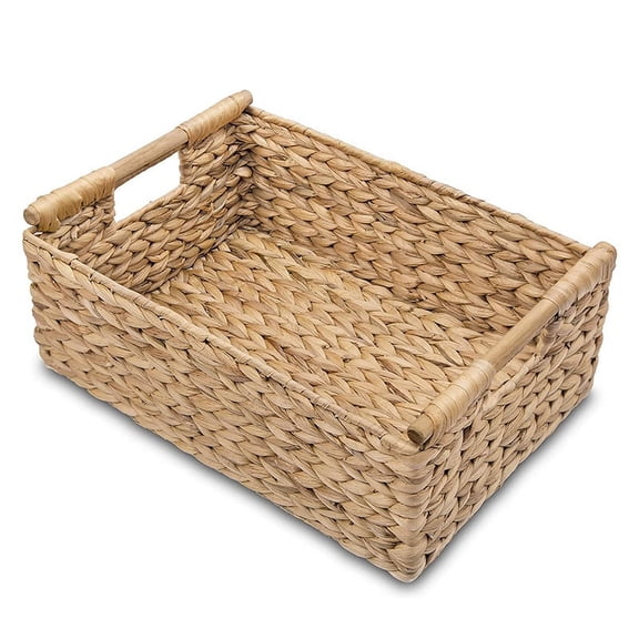 POPIDOME Rectangular Wicker Storage Basket with Wooden Handles, Brown, 33 x 22 x 16 cm