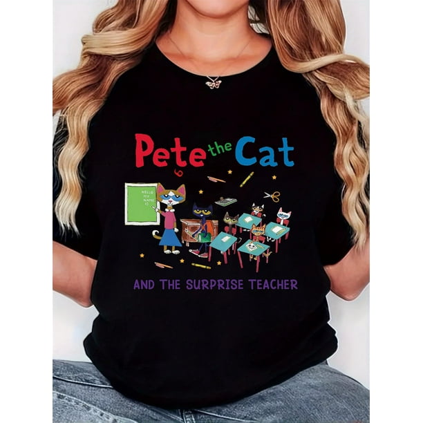 Women's "Pete the Cat" Graphic T-Shirt | 100% | Casual Round Neck | Short Sleeve | Vibrant Classroom Cartoon Print | Machine Washable | All-Season Comfort Fit | Retro Minimalist Style