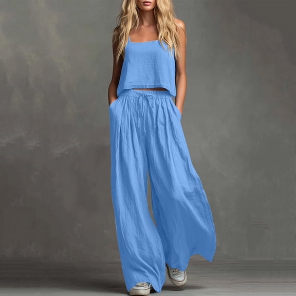 Pounoo Two Piece Outfits for Women Sleeveless Crop Top Wide Leg Pants Sets Casual Loose Fit Cozy Beach Wear Gift