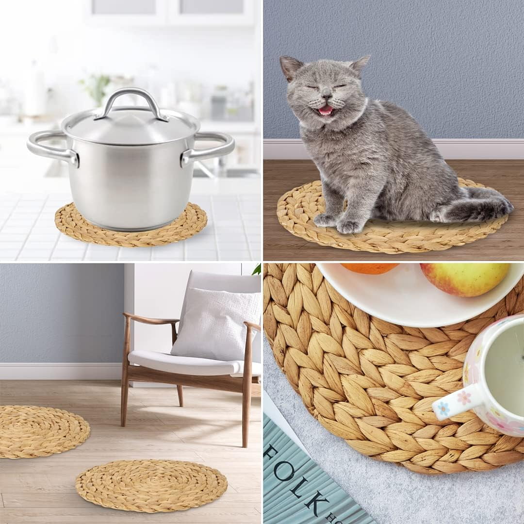 Round Woven Placemats Set of 4, 14.9" Large Woven Place Mats, Natural Wicker Placemats, Water Hyacinth Straw Braided Placemats, Heat Resistant Placemats for Dining Room Table & Countertops