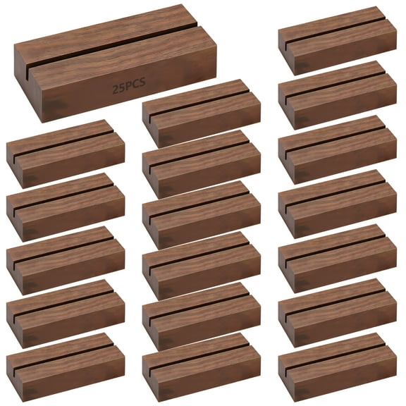 25 Pcs Wooden Postcard Holders, Brown Pinewood Card Stands for Photos, Notes, and Cards, Dual Slot Design, Stable and Quality for Weddings, Parties, and Home Decor
