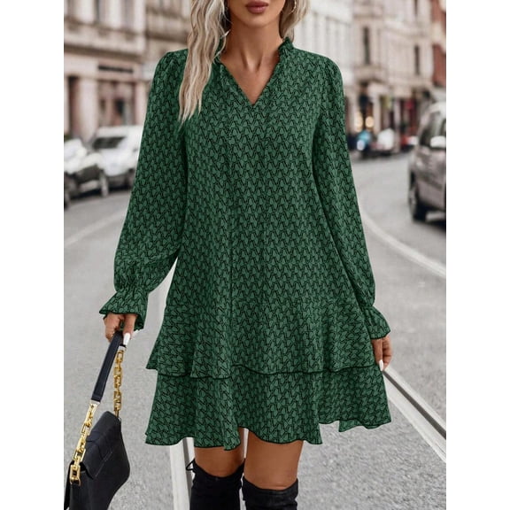 Women's Floral Print Dress with Flare Sleeves and Ruffle Hem for Fall Daily Wear