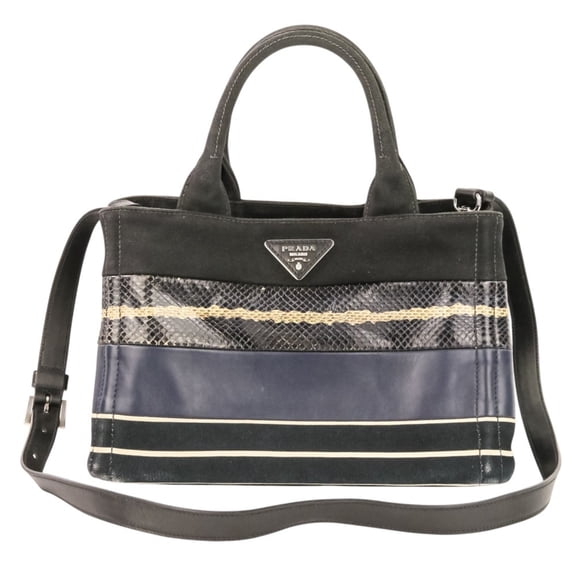 Pre-Owned PRADA Patchwork Canapa Mini 2-Way Handbag/Shoulder Bag 1BG439 Black/Navy Women's