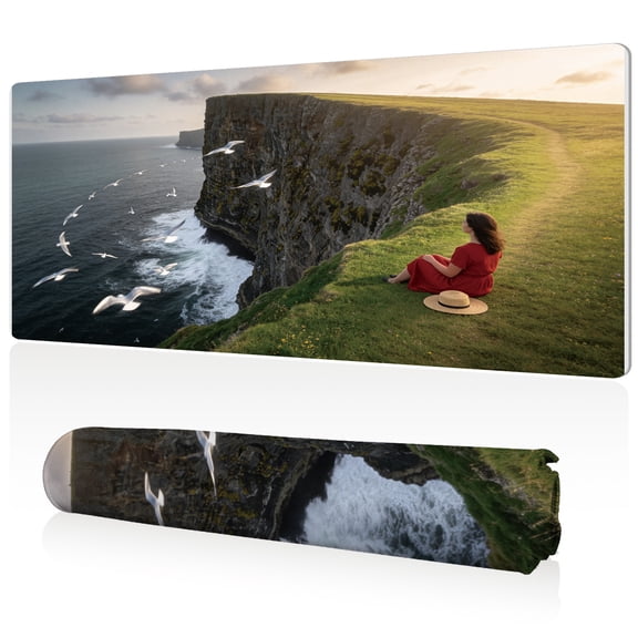 LIVEKEY Extra Large Mouse Pad Woman in Red Dress Sitting at Cliffside Overlooking Sea 80x40x0.3cm Full Desk Coverage Non Slip Durable Easy Clean Stitched Edges for Gaming and Office