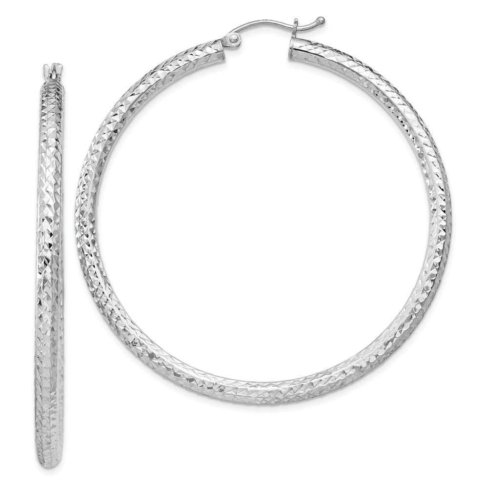 White Sterling Silver Earring Hoop Women'S 50 mm Rhodium-Plated Diamond ...