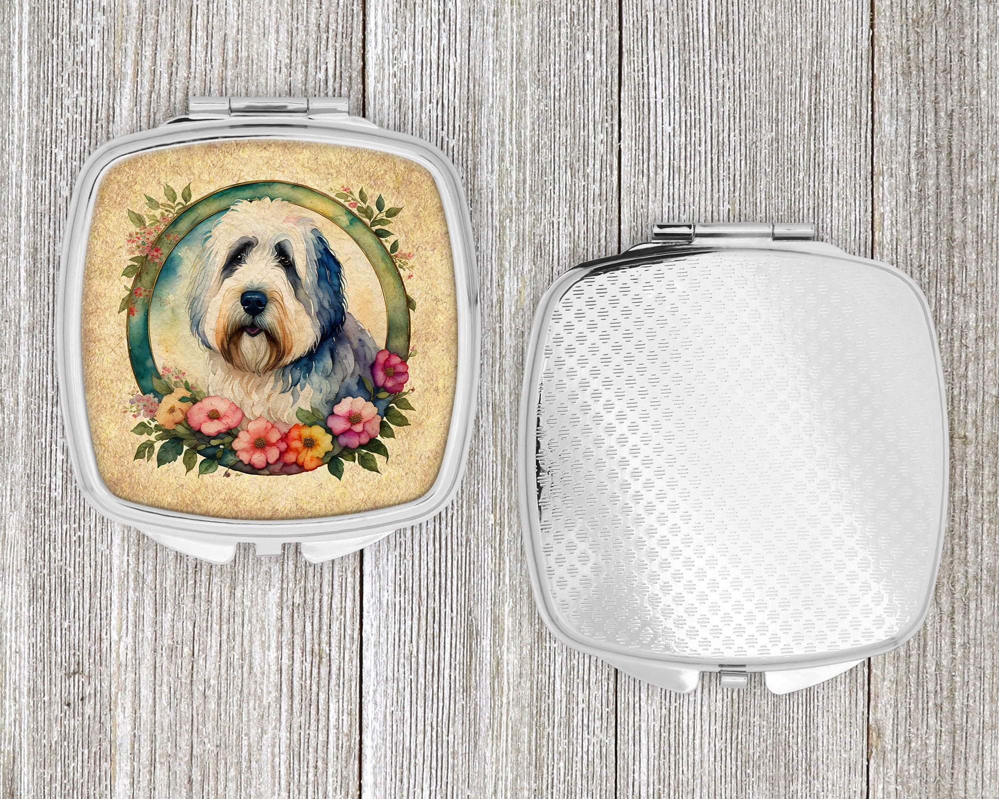 Old English Sheepdog and Flowers Compact Mirror 2.75 in x 3 in
