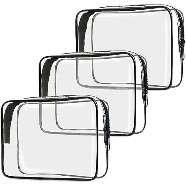 Kunmingshisd Toys Paquete de 3 bolsas de viaje transparentes para artículos de tocador, organizador de bolsas de cosméticos de maquillaje de tamaño de cuarto de galón para accesorios de viaje para muj