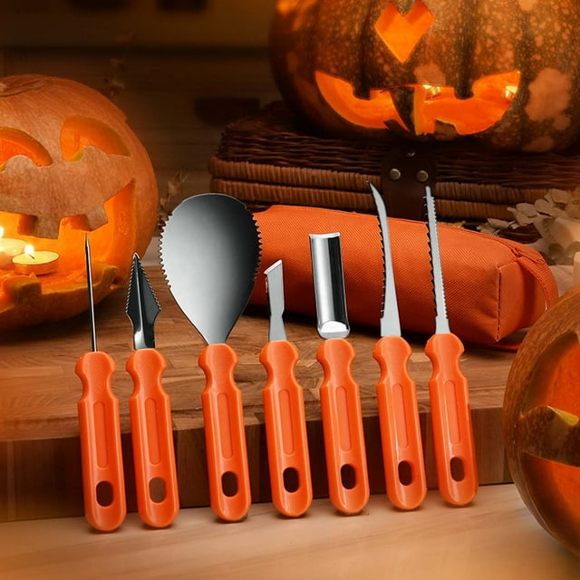 Ensemble de Sculpture de Citrouilles 7 Pcs, Outils de Sculpture de Citrouilles en Acier Inoxydable, Ensemble de Sculpteurs Sécuritaire, Couteaux Robustes, Sac de Transport, Design Amusant, pour Garçons et Adultes, Sculpture et Décoration, Fournitures d'Halloween, Akmoler
