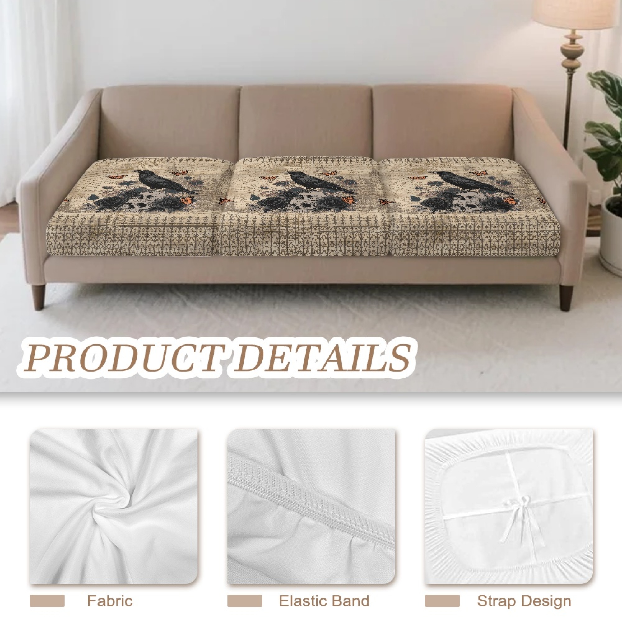 TSOVTHRID Crow Rose Skull Vintage Print Sofa Cushion Cover, Couch Covers Sofa Seat Covers with Elastic Bottom Washable Couch Seat Covers for Cushion Couches Furniture Slipcovers, 24x24 Inch