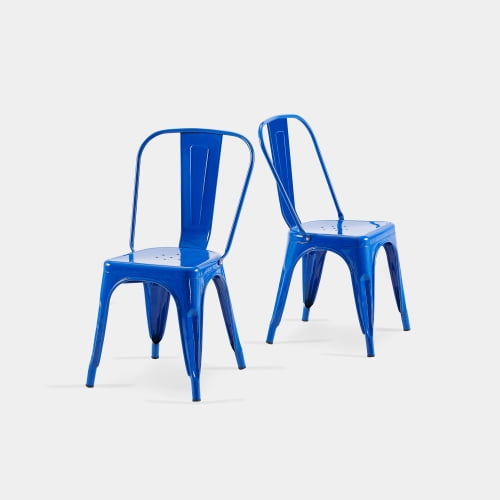 Set of 2 High Gloss Blue Industrial Metal Dining Chairs 18 Inch Seat Height Stackable Indoor Outdoor, Lightweight Easy-Clean Surface, Easy Assembly, Durable Modern Design, For Kitchen Cafe Bar