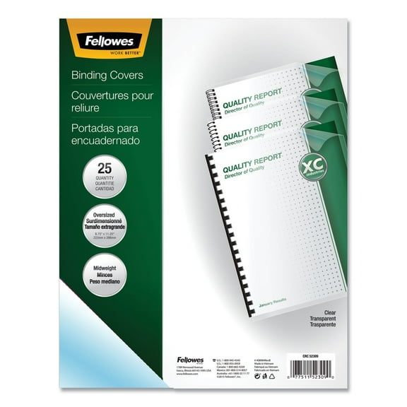 52309 Fellowes Transparent PVC Binding System Covers, 8-3/4" x 11-1/4", Clear, 25/Pack