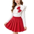 thumbnail image 2 of Mifsaly 2 Piece Skirt Sets for Girls Long Sleeve Ribbed Ruffle Tops with Bowknot and Pleated Skirts Toddler Kids Cute Casual School Fall Winter Outfits, 2 of 9