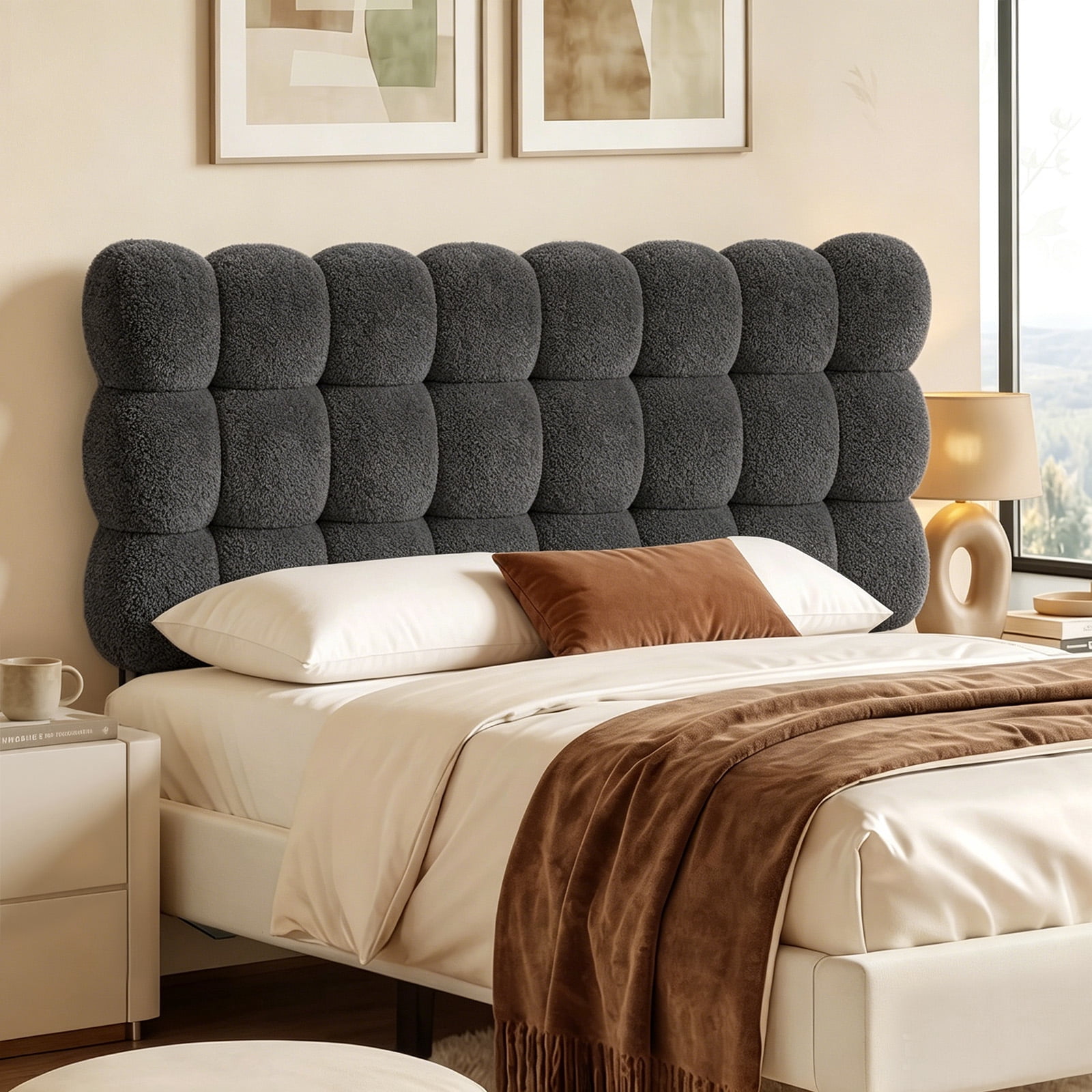 Pinmoco Queen Size Upholstered Headboard with Adjustable Height, Memory Foam Cloud-Shaped Ergonomic Design, Teddy Fleece Gray