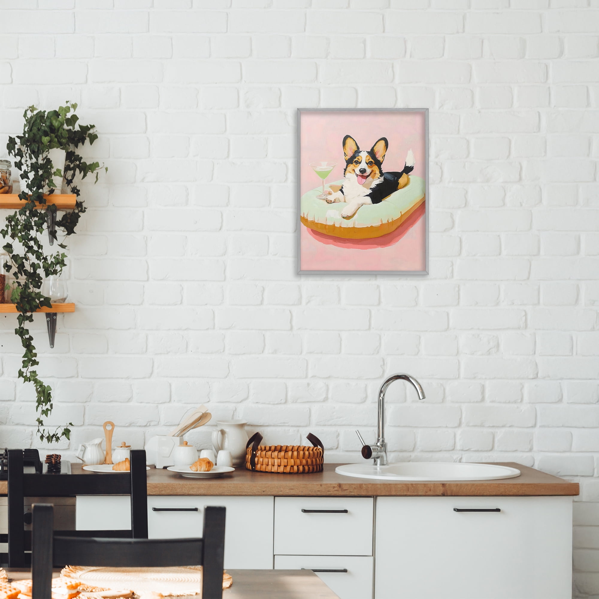 Stupell Industries Pastel Corgi with Cocktail Gray Framed Giclee Art, design by The Prints Vibe