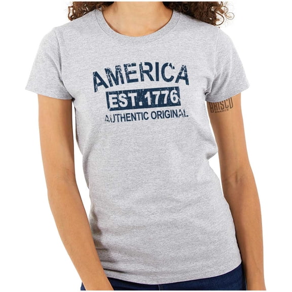 America Est 1776 Distressed Patriotic Womens Slim Fit Graphic Tee Brisco Brands S