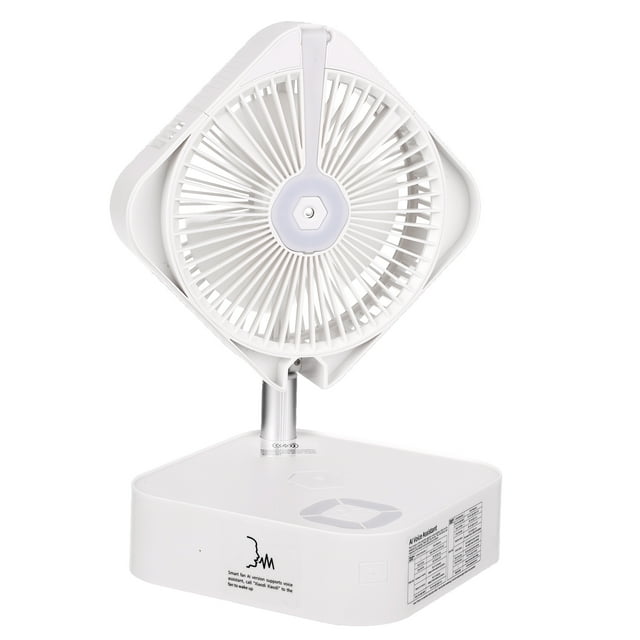 Ventilador Inteligente KKmoon con Control de Voz, Cargador Inalámbrico y Luz Nocturna, Portátil y Plegable, Funciones de Nebulización y 3 Velocidades, Ideal para Escritorio y Uso Diario.