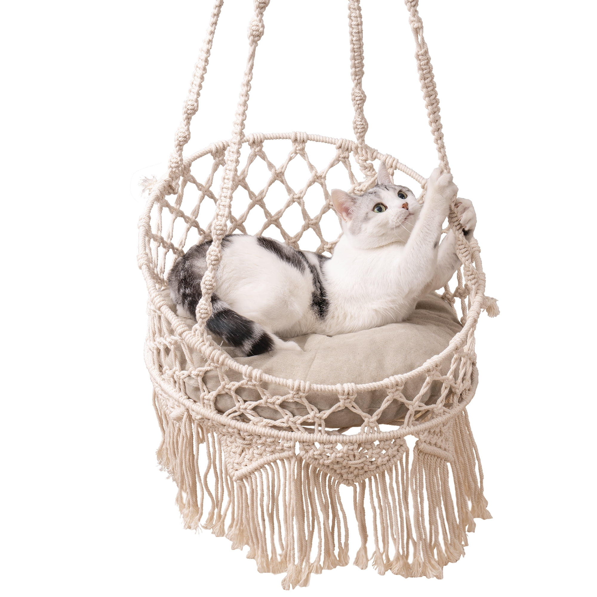 Pefilos Foldable Cat Hammock Bed with Macrame Design, Double Steel Hoop Base, and Cotton Pad for hanging and Assembly Window or Living Room Decor for Small & Medium Cats, Beige Pefilos Foldable Cat Hammock Bed with Macrame Design, Double Steel Hoop Base, and Cotton Pad for hanging and Assembly Window or Living Room Decor for Small & Medium Cats, Beige