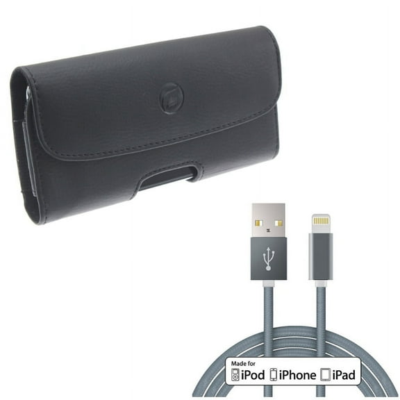 10ft MFi USB Cable w Leather Case Belt Clip for iPhone XS Max/8 PLUS/7 Plus/6S Plus/6 Plus - Certified Charger Cord Power Wire Braided and Holster Cover Loops Pouch Carry