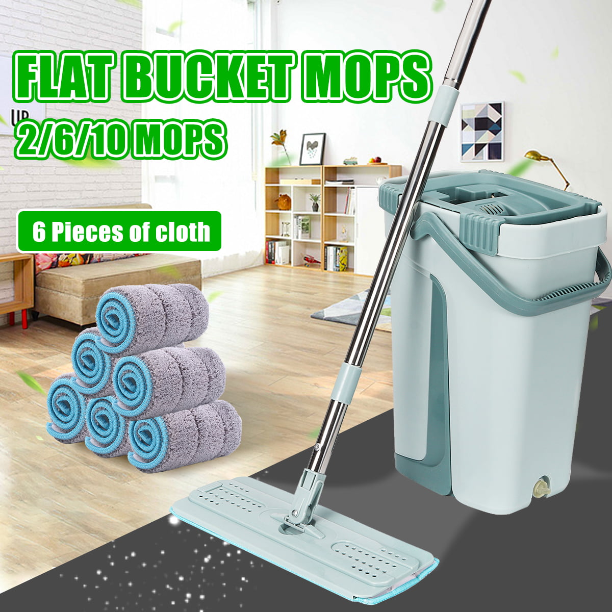 2 Pads Home Floor Tiles Cleaning 360° Flat Squeeze Microfiber Mop & Bucket Set 