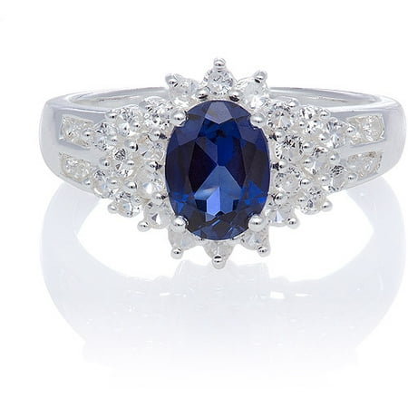 Created Blue Sapphire Oval and White Sapphire Sterling Silver Ring, Size 7